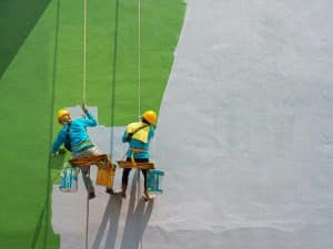 Two Workers Painting a Wall in Green