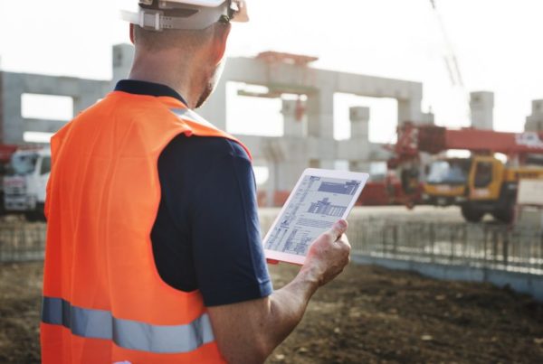 Contractor on construction site with a tablet