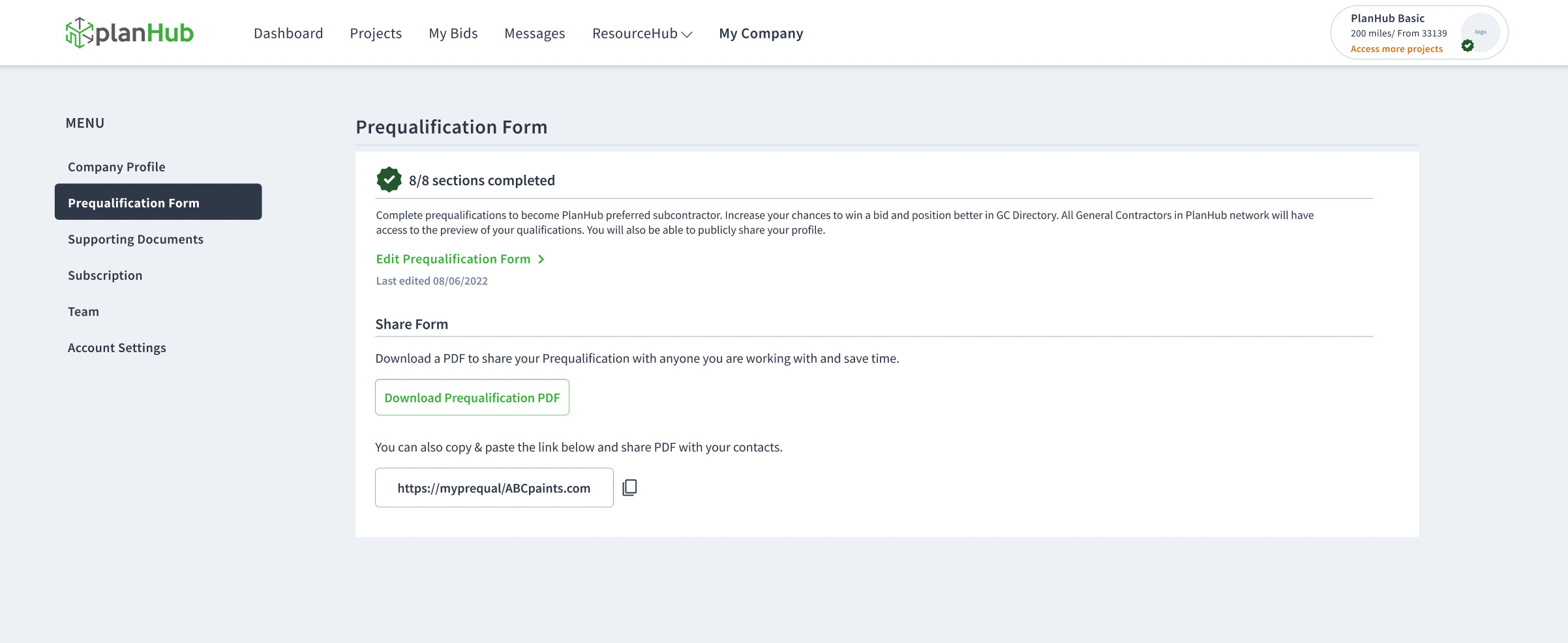 PlanHub Pre-qualification form screenshot